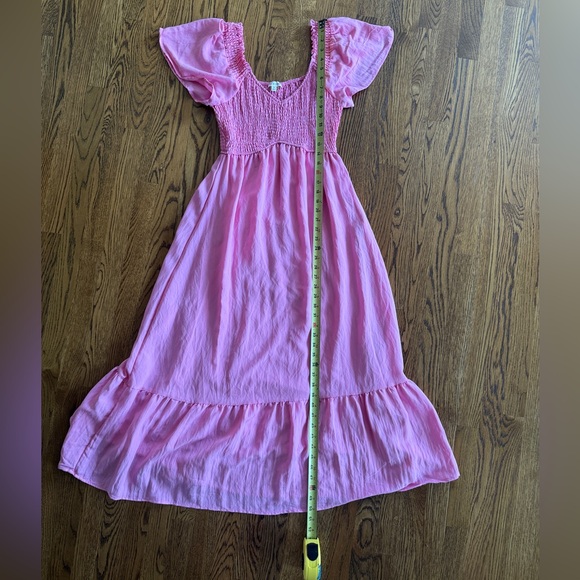 Pink linen v neck long Dress w/ flowy sleeves Medium ptp 14” 50” length - Picture 3 of 7